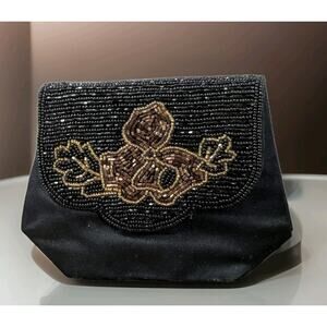 VTG Black Satin Gold Beaded Evening Shoulder Bag Purse Clutch Snap Closure